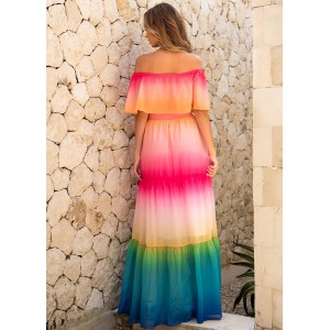 Flounce Rainbow Color Off Shoulder Maxi Dress