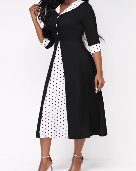 Faux Two Piece Polka Dot Black Dress