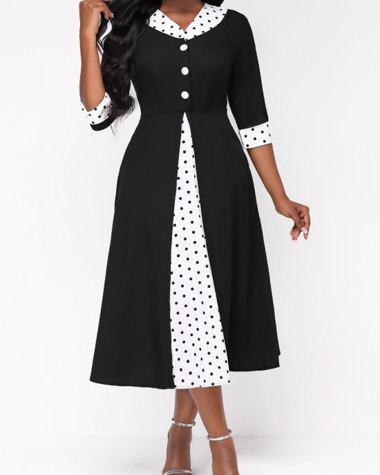 Faux Two Piece Polka Dot Black Dress