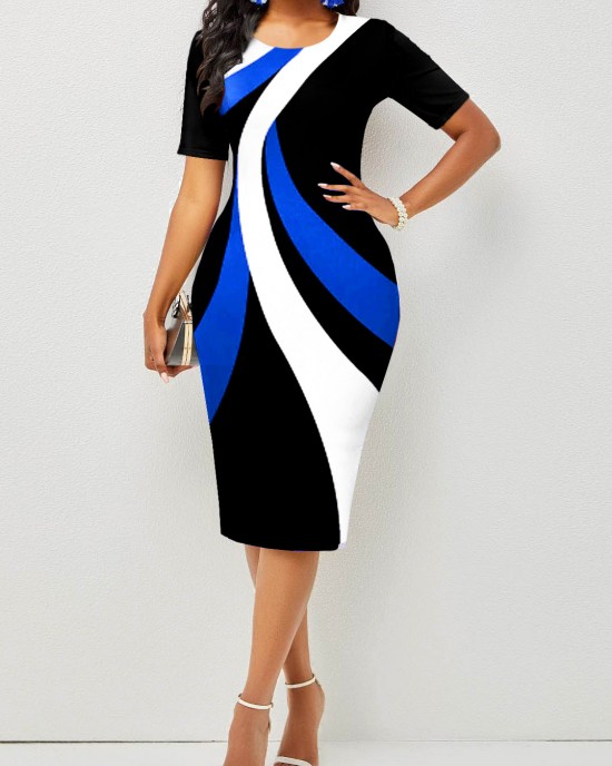 Geometric Print Round Neck Bodycon Dress