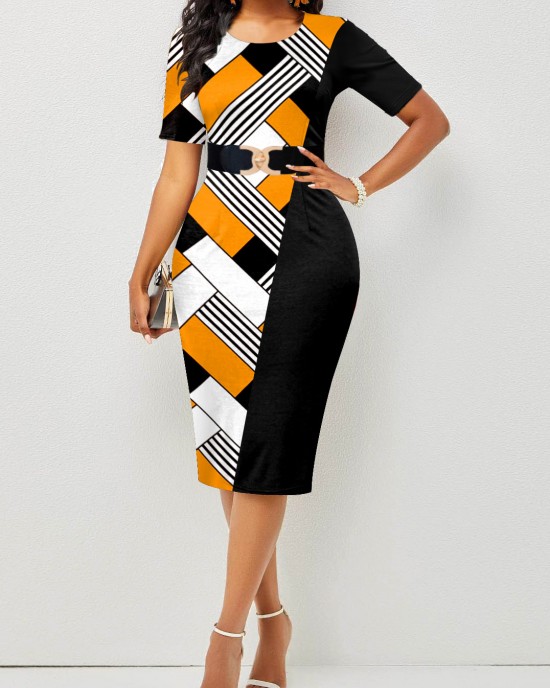 Geometric Print Round Neck Bodycon Dress