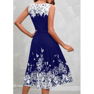 Floral Print Sleeveless Navy High Waist Dress