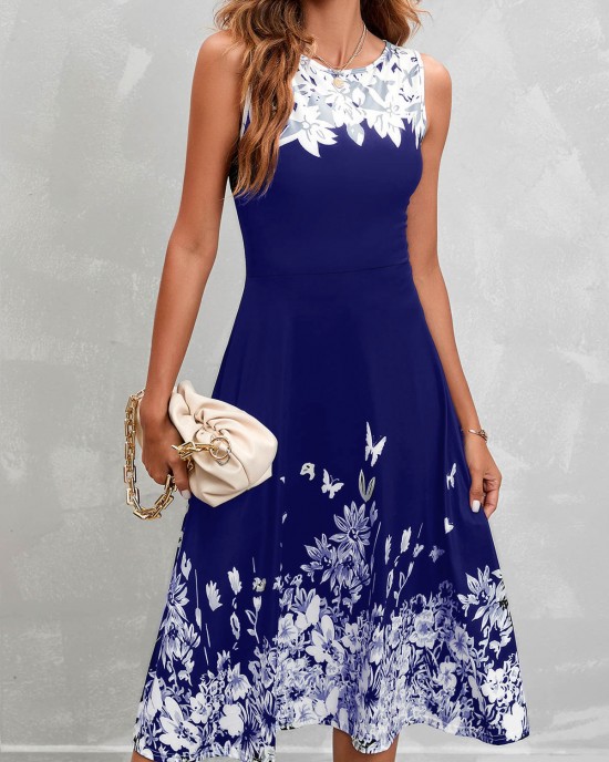 Floral Print Sleeveless Navy High Waist Dress