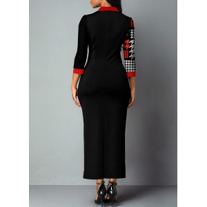 Houndstooth Print Split Neck Black Bodycon Dress