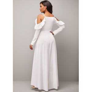 Strappy Cold Shoulder Decorative Button Flounce White Dress