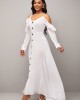 Strappy Cold Shoulder Decorative Button Flounce White Dress