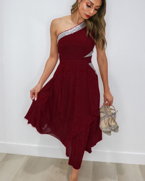 High Waist One Shoulder Asymmetric Hem Dress