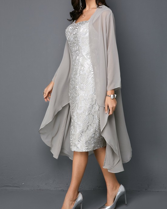 Open Front Cardigan and Tie Back Sleeveless Sheath Dress