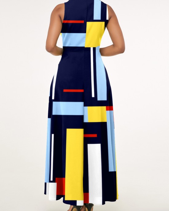 Navy Blue Notch Collar Geometric Print Dress