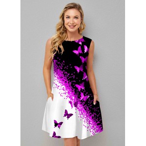 Butterfly Print Contrast Double Pocket Dress