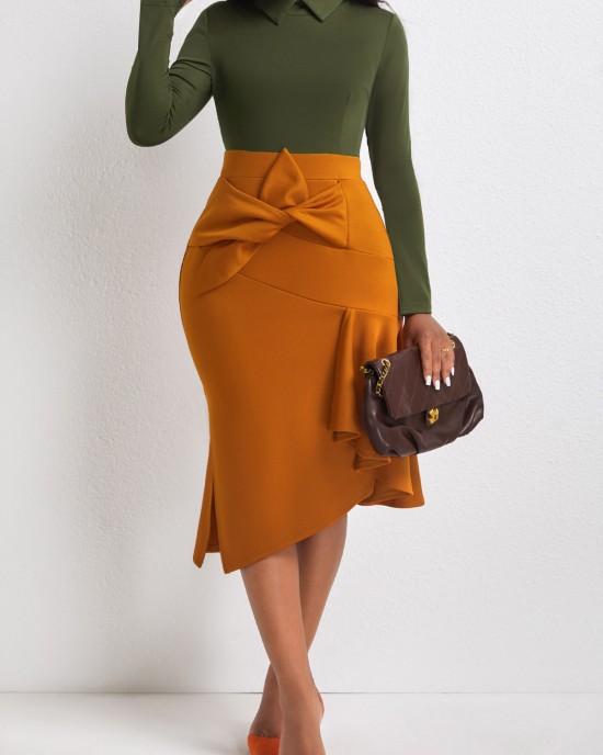 Blackish Green Contrast Bowknot Side Slit Dress