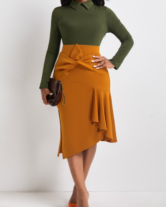 Blackish Green Contrast Bowknot Side Slit Dress