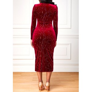 Geometric Print Velvet Wine Red Bodycon Dress