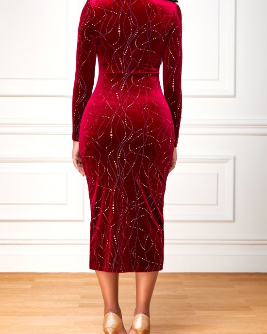 Geometric Print Velvet Wine Red Bodycon Dress