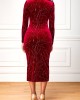 Geometric Print Velvet Wine Red Bodycon Dress