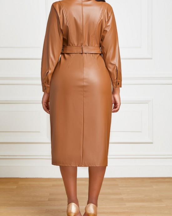 Belted Faux Leather Snap Button Dress