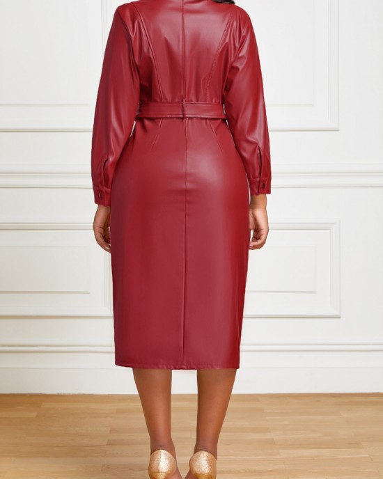 Belted Faux Leather Snap Button Dress