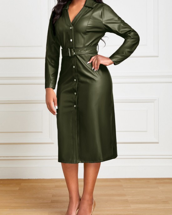 Belted Faux Leather Snap Button Dress