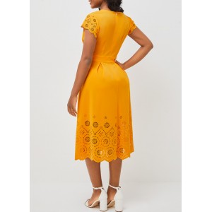 Floral Design Double Side Pockets Orange V Neck Dress