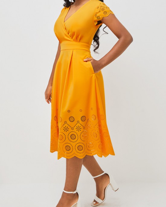 Floral Design Double Side Pockets Orange V Neck Dress