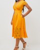 Floral Design Double Side Pockets Orange V Neck Dress