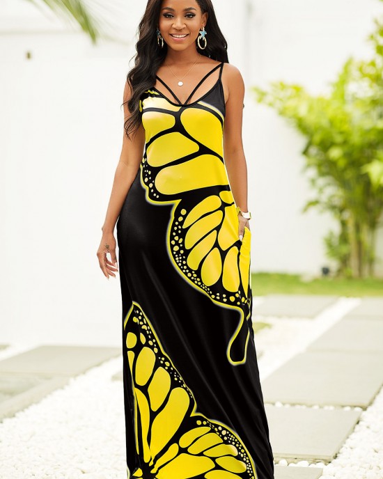 Butterfly Print Spaghetti Strap Maxi Dress