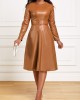 Faux Leather Belted Boat Neck Dress