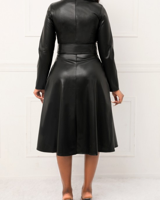 Faux Leather Belted Boat Neck Dress