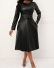 Faux Leather Belted Boat Neck Dress