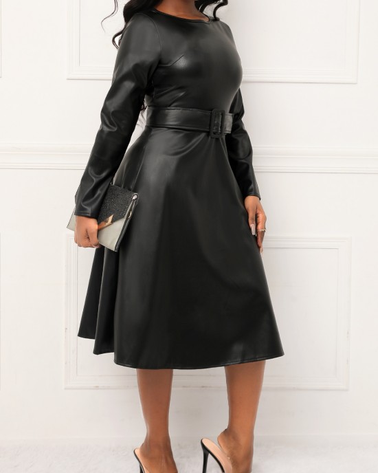 Faux Leather Belted Boat Neck Dress