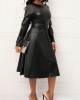 Faux Leather Belted Boat Neck Dress