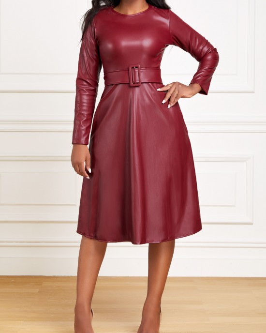 Faux Leather Belted Boat Neck Dress