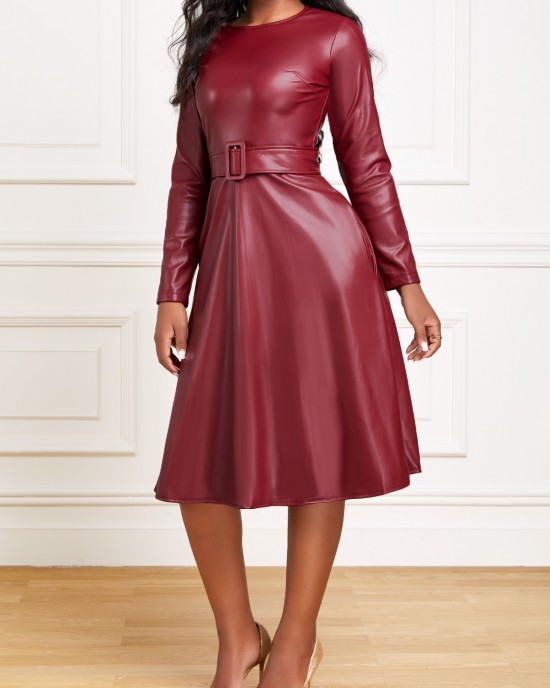 Faux Leather Belted Boat Neck Dress