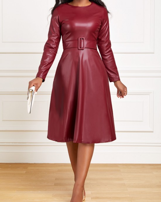 Faux Leather Belted Boat Neck Dress