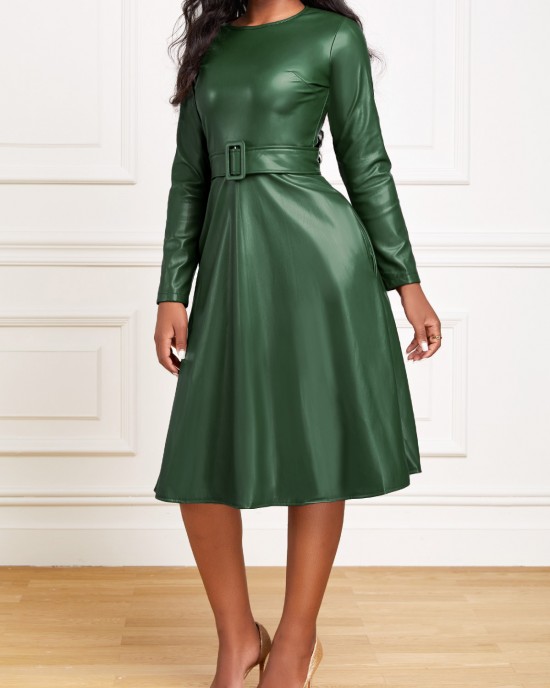 Faux Leather Belted Boat Neck Dress