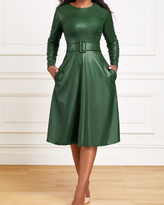 Faux Leather Belted Boat Neck Dress