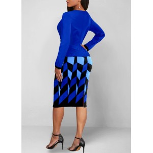 Geometric Print Bodycon Dress and Royal Blue Cardigan