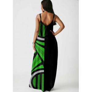 Spaghetti Strap Geometric Print Side Pocket Maxi Dress