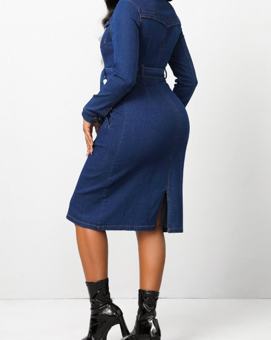 Pocket Belted Dark Blue Shirt Collar Bodycon Dress