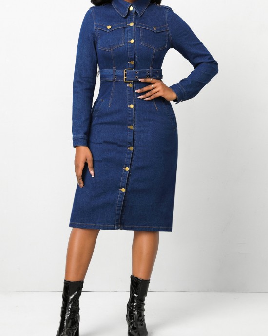 Pocket Belted Dark Blue Shirt Collar Bodycon Dress