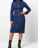 Pocket Belted Dark Blue Shirt Collar Bodycon Dress