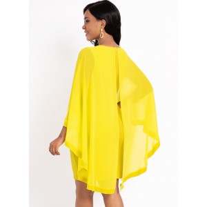 Decorative Button Mesh Stitching Yellow Cape Sleeve Dress