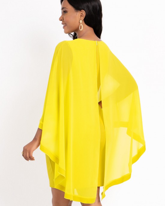 Decorative Button Mesh Stitching Yellow Cape Sleeve Dress