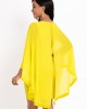 Decorative Button Mesh Stitching Yellow Cape Sleeve Dress