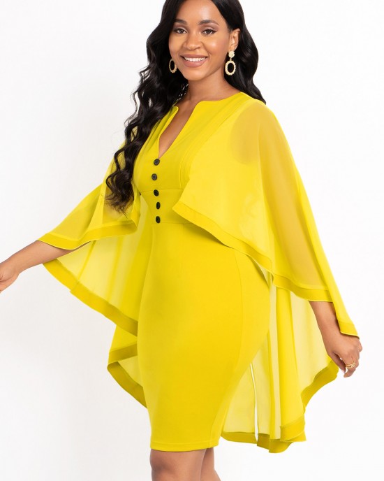 Decorative Button Mesh Stitching Yellow Cape Sleeve Dress