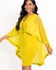 Decorative Button Mesh Stitching Yellow Cape Sleeve Dress