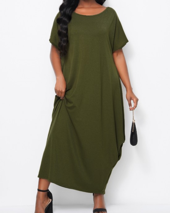 Round Neck Short Sleeve Green Maxi Dress