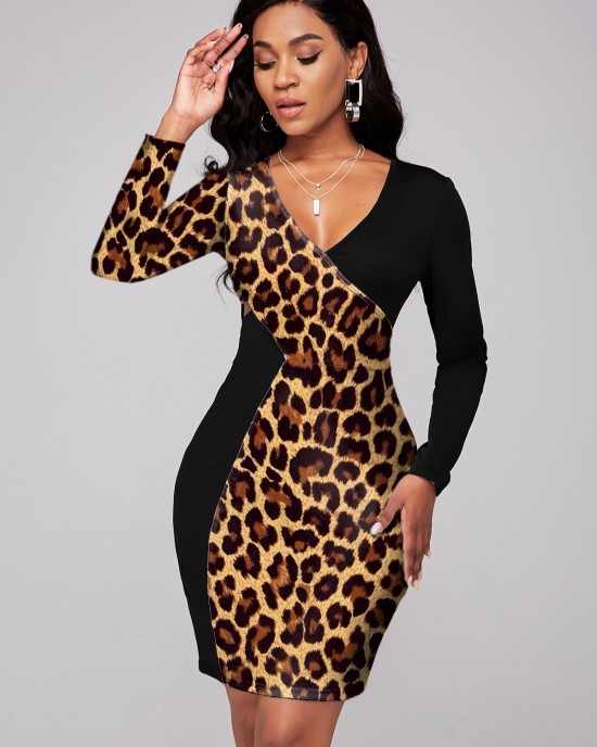 Cross Front Leopard Long Sleeve Dress