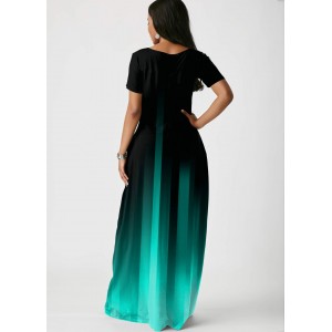 Side Pocket Short Sleeve Mint Green Gradient Maxi Dress