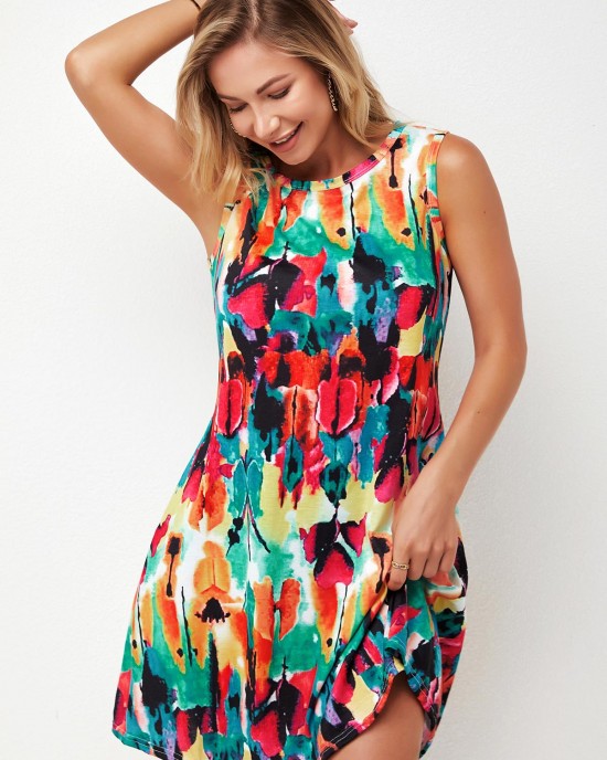 Printed Round Neck A Line Dress